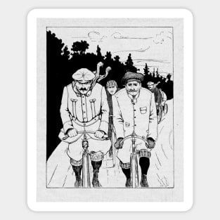 Victorian gentlemen cycling enthusiasts- vintage illustration. Sticker